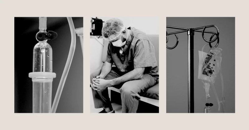 illustration of IV drips and nurse looking tired