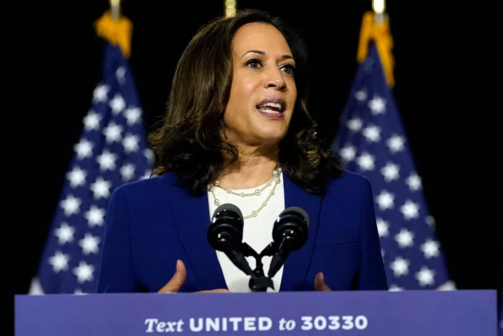 Sen. Kamala Harris, D-Calif., speaks after Democratic presidential candidate former Vice President Joe Biden introduced her as his running mate during a campaign event at Alexis Dupont High School in Wilmington, DE. (AP Photo/Carolyn Kaster)