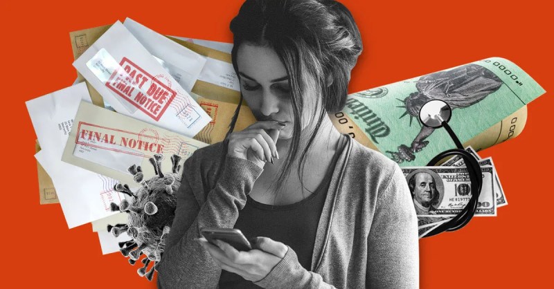 graphic of woman looking worriedly at bills