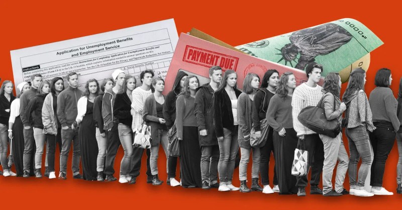 graphic of people waiting line for unemployment