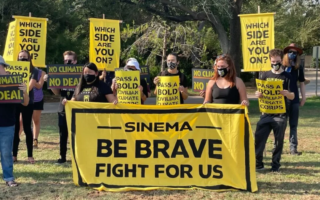 group of protesters holding sign saying "Sinema, be brave, fight for us"