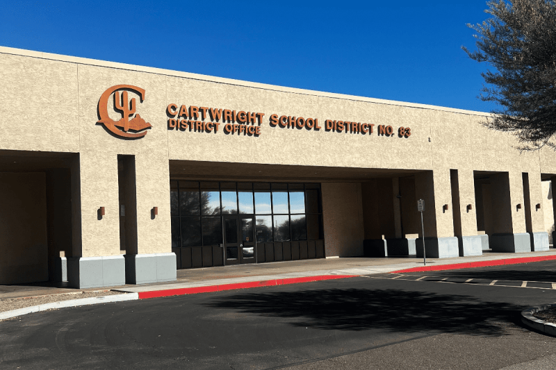 front of Cartwright School District building, This West Valley district has a 4-day school week to help keep teachers