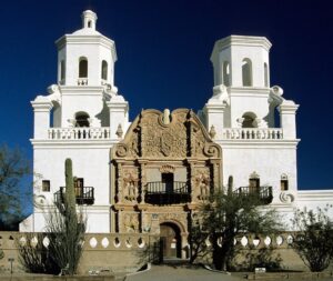The outer facade of San Xavier del Bac Mission.