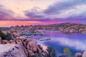 A view of the lake at sunset.