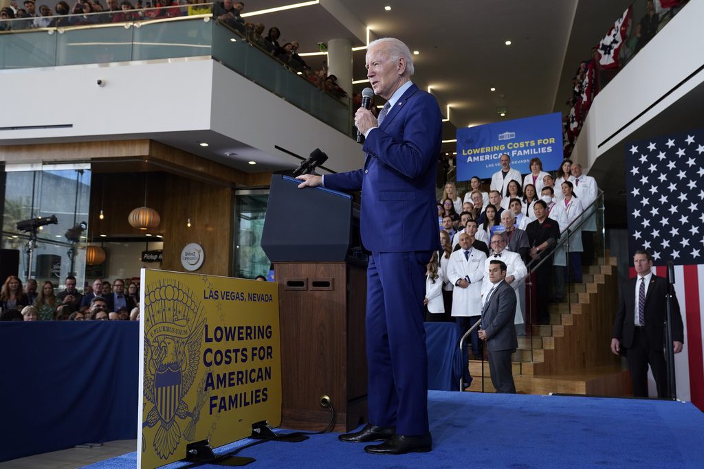 FILE - President Joe Biden speaks about health care and prescription drug costs at the University of Nevada, Las Vegas, Wednesday, March 15, 2023, in Las Vegas. Biden's administration will announce on Tuesday, Aug. 29, 2023, the first prescription drugs being targeted by the U.S. government for price negotiations as part of an effort to lower Medicare costs. (AP Photo/Evan Vucci)