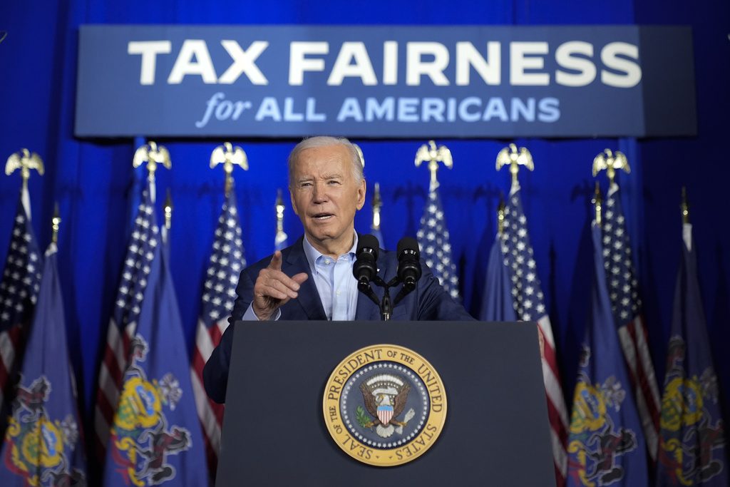 President Joe Biden speaks at a campaign event, Tuesday, April 16, 2024, in Scranton, Pa. Biden has begun three straight days of campaigning in Pennsylvania in his childhood hometown of Scranton. The Democratic president is using the working class city of roughly 75,000 as the backdrop for his pitch for higher taxes on the wealthy. (AP Photo/Alex Brandon)