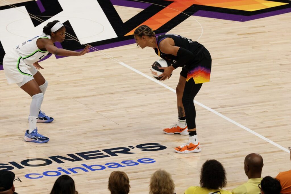 Phoenix Mercury guard Natasha Cloud’s shoes say “Protect Kids Not Guns” and “Teach Peace” to honor Gun Violence Awareness Day