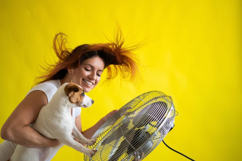 Caucasian woman and a dog are cooling off by an electric fan