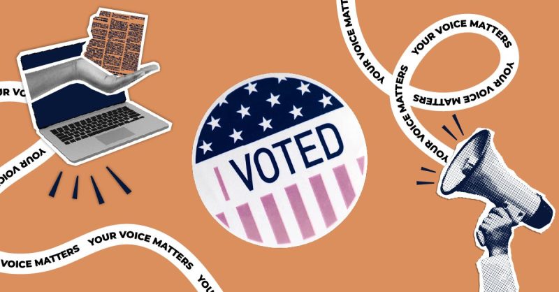 I Voted sticker on branded elections background.