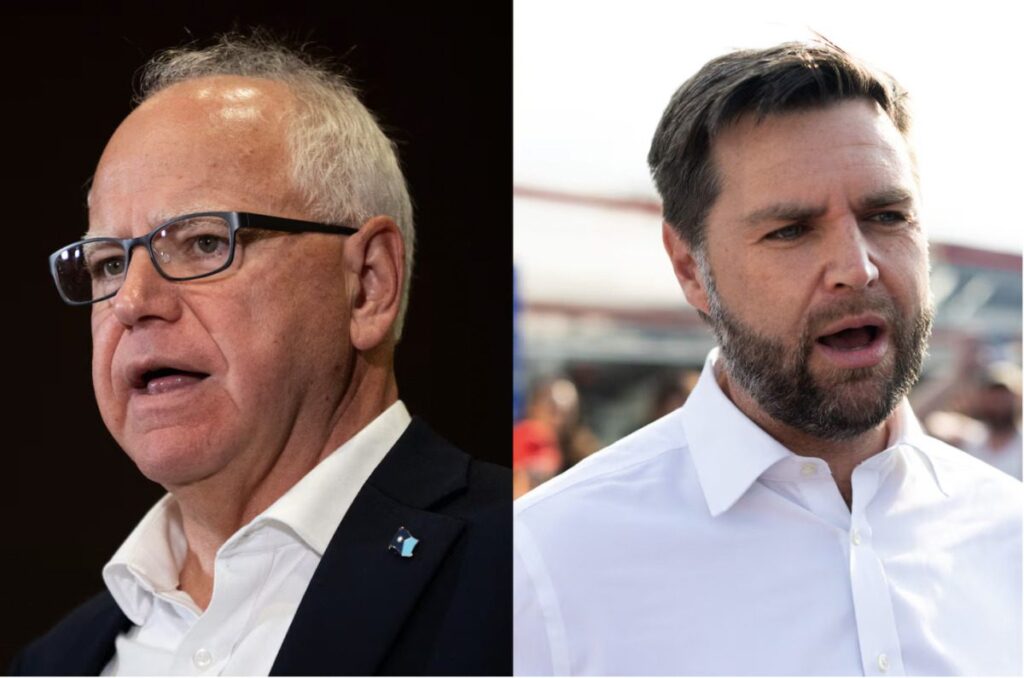 Side by side photos of Tim Walz and JD Vance.