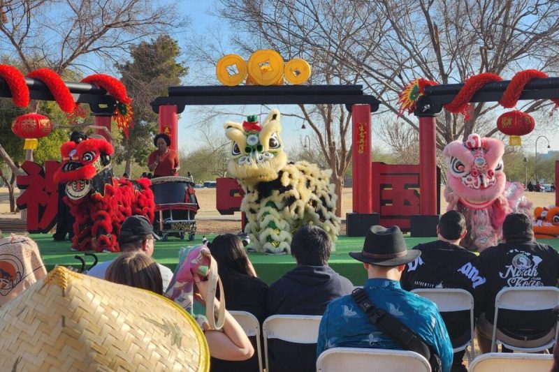 performers in ancient Chinese lion costume on stage