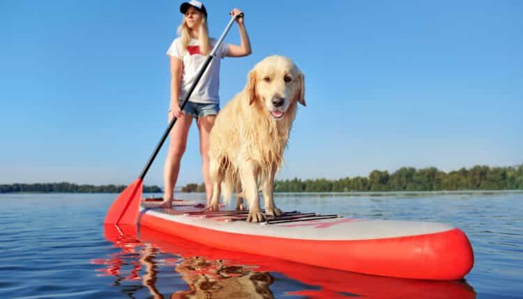 Woman and her dog paddle in a red boat together