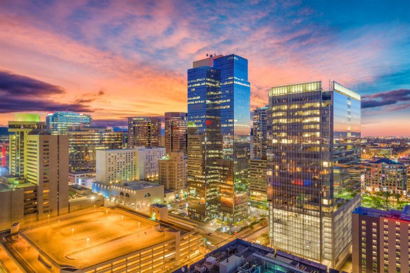 Phoenix's cityscape in downtown at sunset.