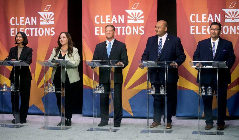 From left to right, Deja Foxx, Adelita Grijalva, Patrick Harris Sr., Daniel Hernandez Jr. and JosÈ Malvido Jr. during the Democratic primary debate inside the Arizona Public Media studio in Tucson