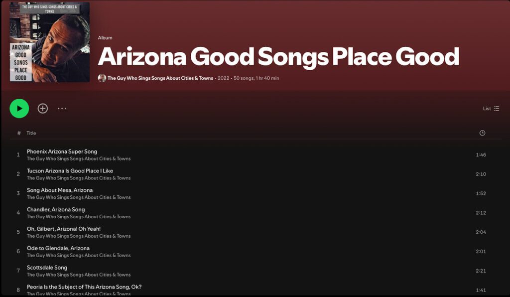 screenshot of Spotify album showing artist Matt Farley, the title, and song names