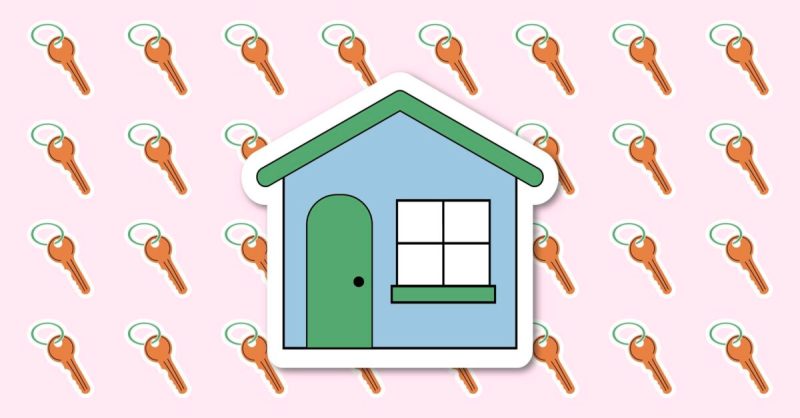 illustration of a blue and green house on a pink background with small orange keys