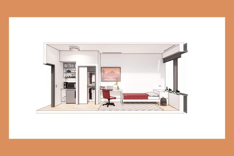 rendering of a small apartment including bed, desk and chair, window, closet, and micro kitchen
