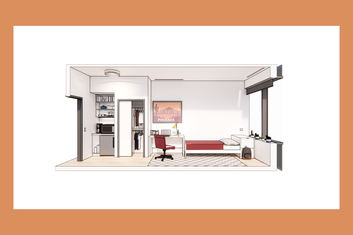 a rendering of a small apartment with a bed, mini kitchen, and desk and chair