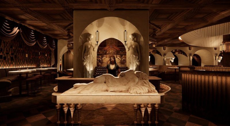 a rendering of a woman standing in front of a large marble table in a moody room with statues and arches