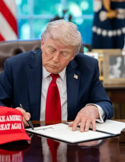 Trump signing a paper at a desk