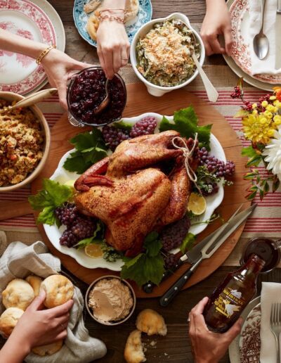 spread of a thanksgiving meal on a table