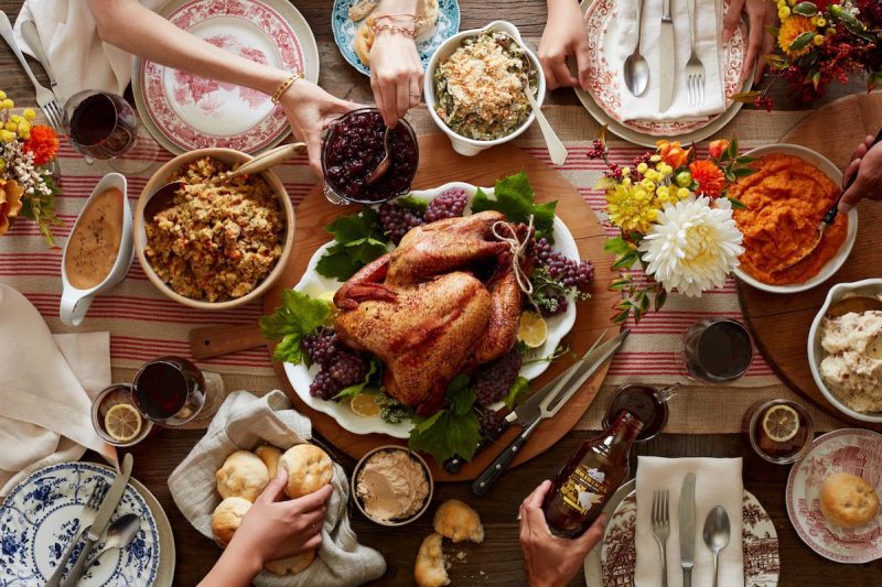 spread of a thanksgiving meal on a table
