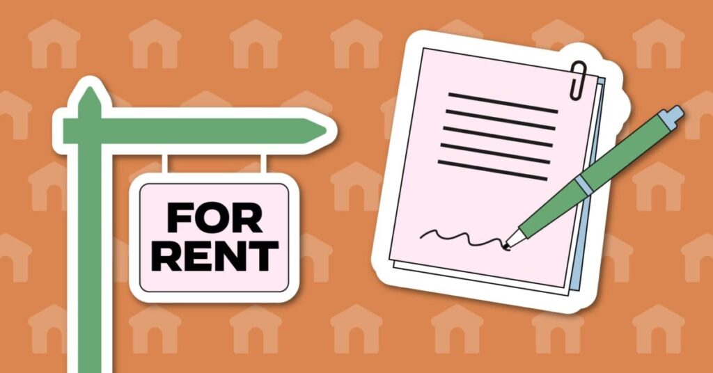 illustration showing a for rent sign and a paper with a pen