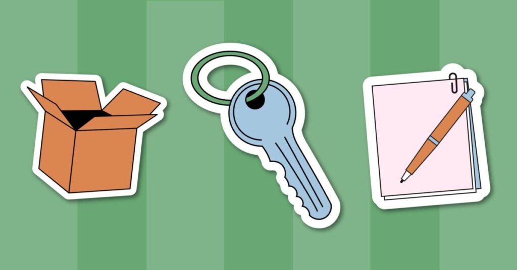 graphics of a box, key, and papers and pen