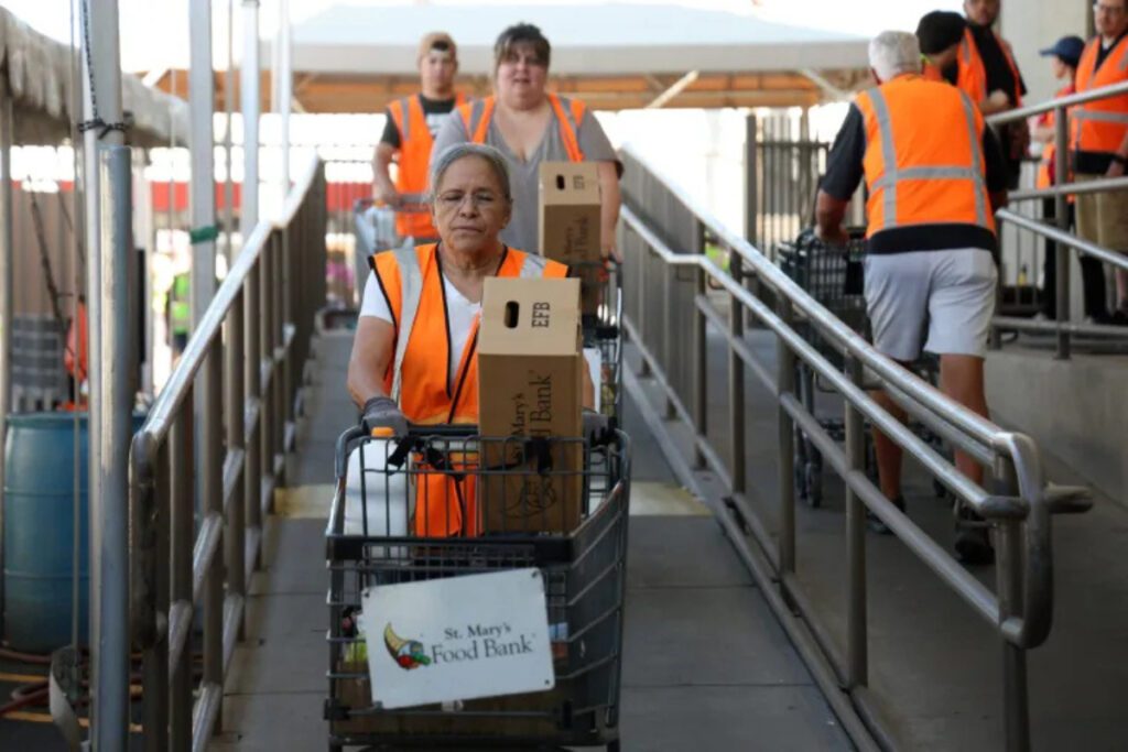 three people push shopping carts down a ramp