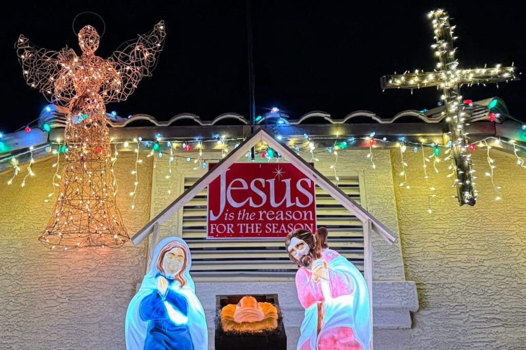 Christmas lights on a nativity display