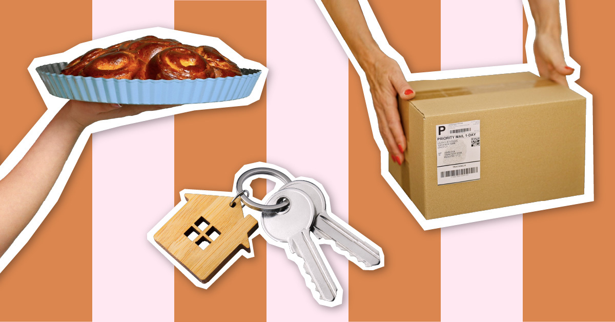 illustration of pie, keys, and a package