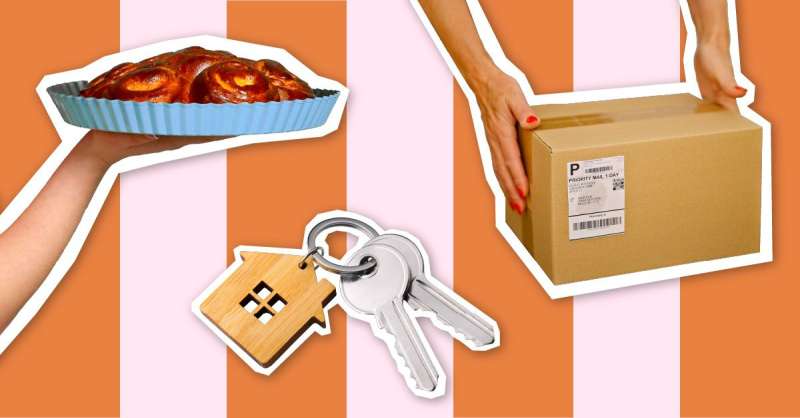 illustration showing a pie, keys, and hands holding a package
