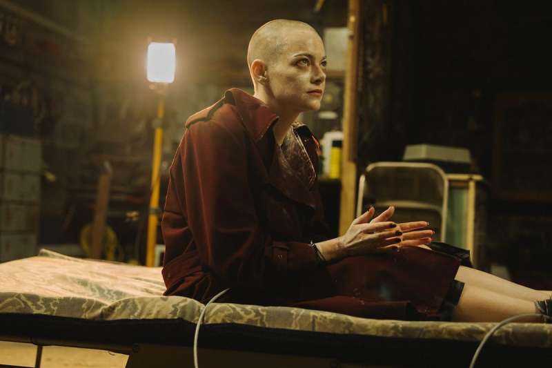 Emma Stone in costume for the movie Bugonia