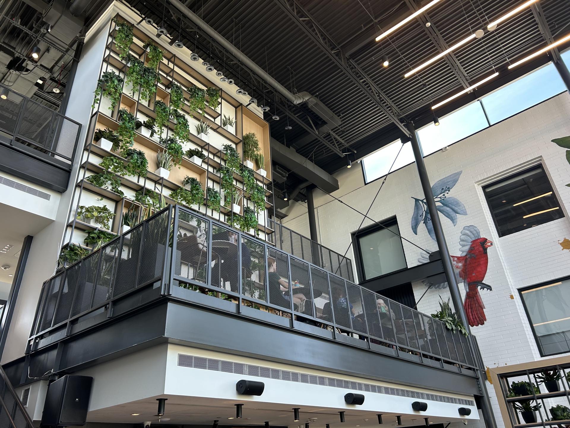 a lofted seating area with a multi-story wall full of green plants and a mural on the opposite wall with a red bird and blue leaves