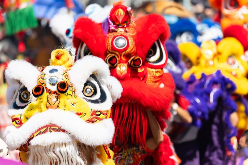 close up of Chinese lion costume heads