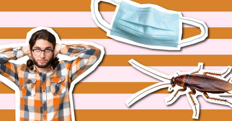 graphic showing a man covering his ears, a covid mask, cockroach