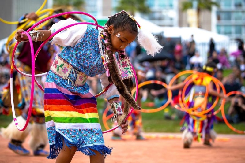 a girl in native dress dances with others