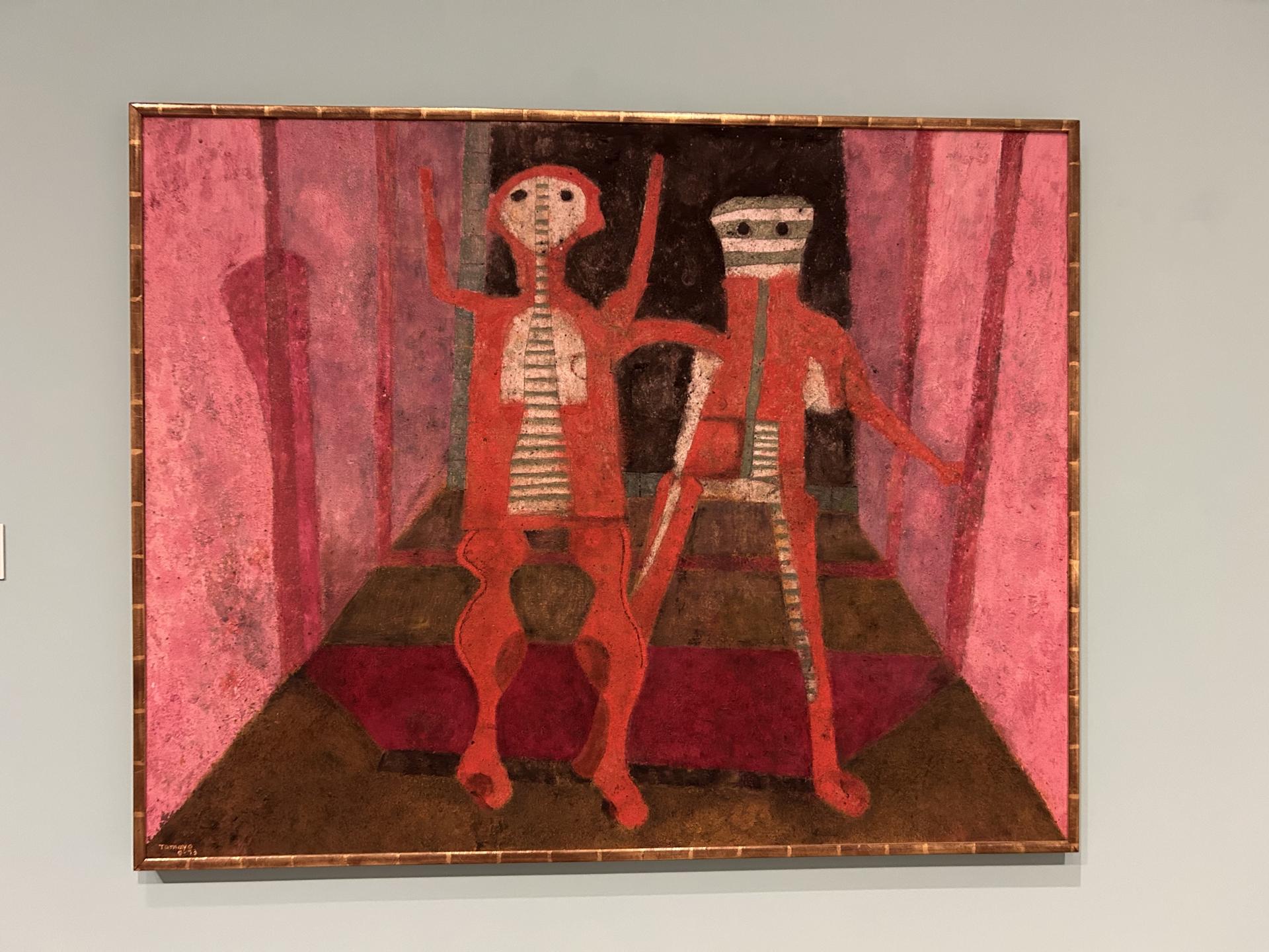 abstract painting of two humanoid figures in a red hallway