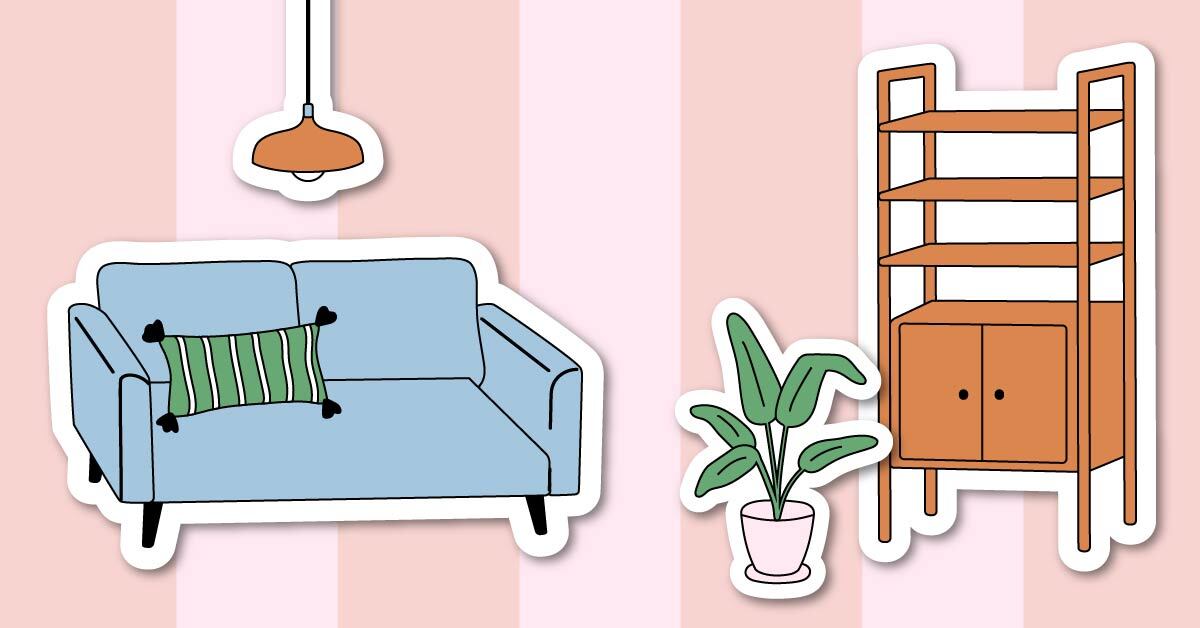 graphic of couch and shelves on pink background