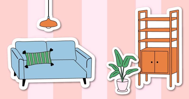 graphic of couch and shelves on pink background