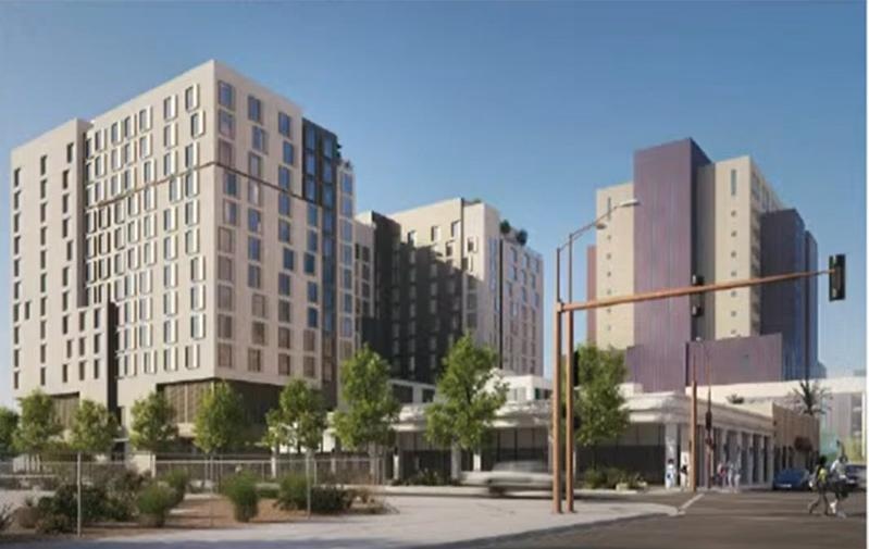 rendering of a 14-story building in a downtown area