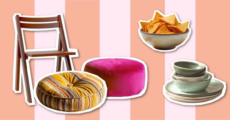 graphic showing a folding chair, floor cushions, a stack of bowls, and a bowl with chips in it