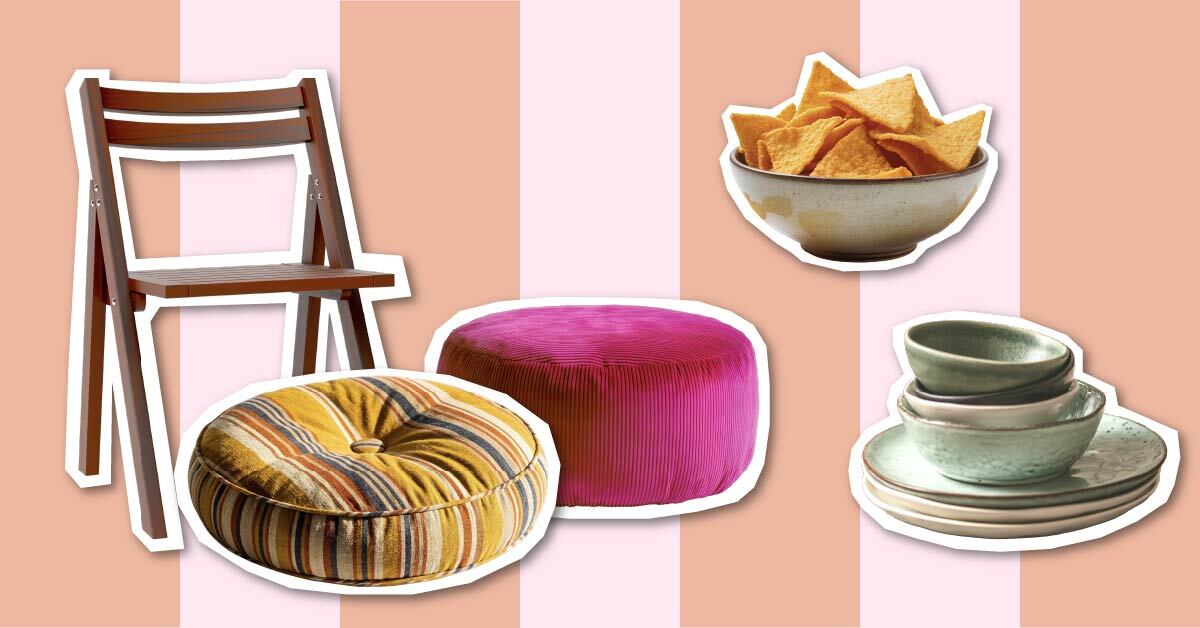 graphic with images of folding chair, floor cushions, bowl with chips, and stacked dishes
