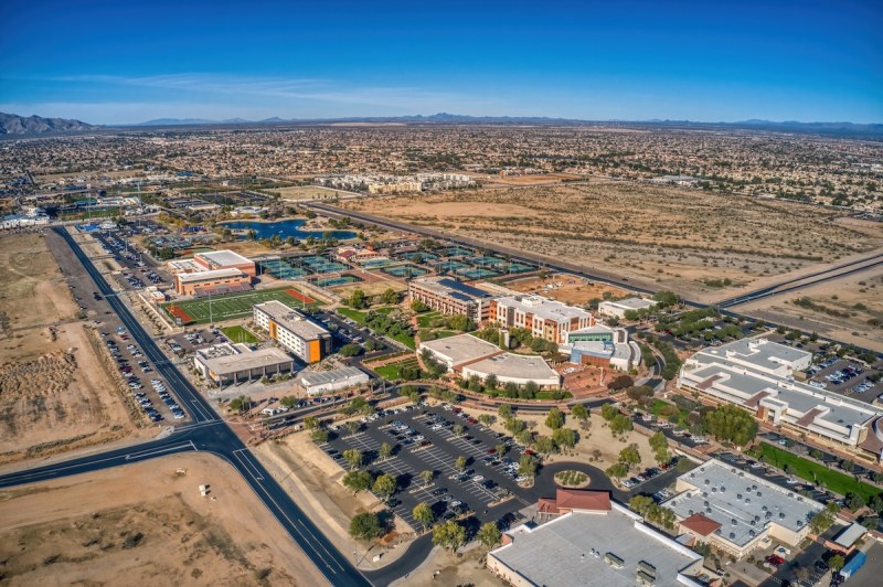 aerial view of school and dirt fields