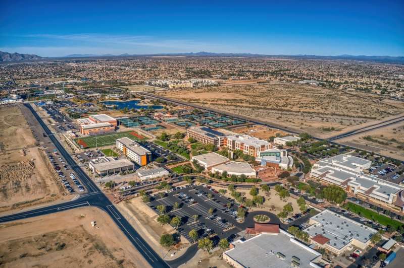 aerial view of school and dirt fields