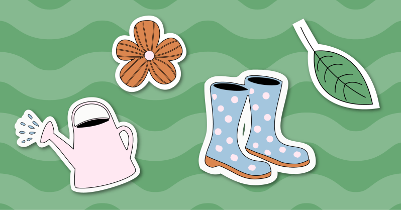 graphic showing a flower, a watering can, rain boots, and a leaf