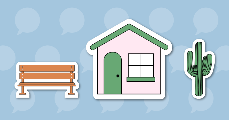 graphic of a bench, house, and cactus