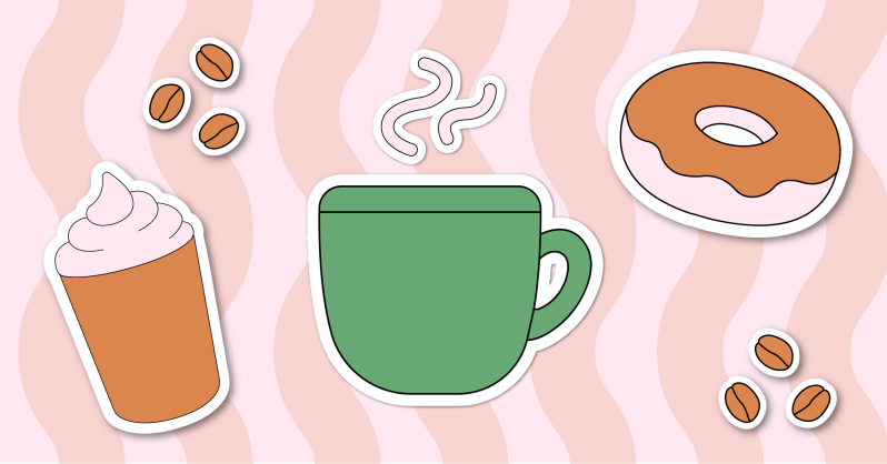 graphic showing a cup of coffee, a mug, and a donut
