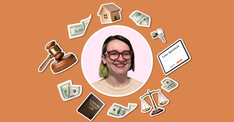 graphic with woman's face at center surrounded by pictures of money, a lease, a gavel, scales, and a house