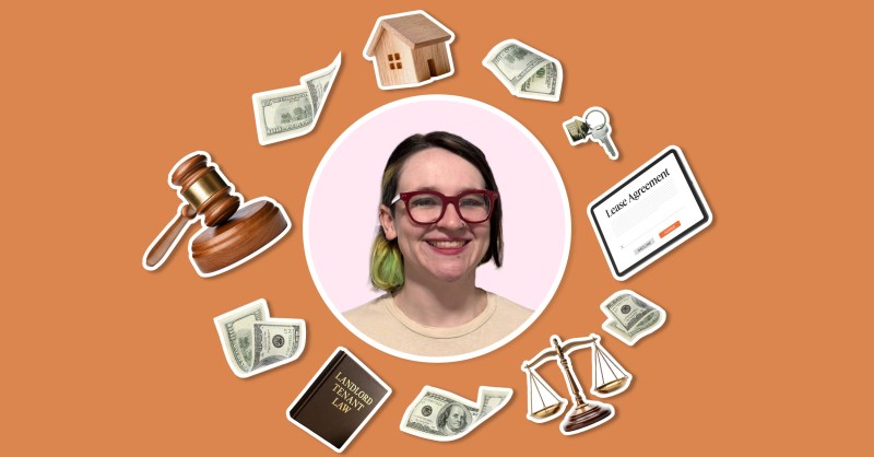 graphic with woman's face at center surrounded by pictures of money, a lease, a gavel, scales, and a house